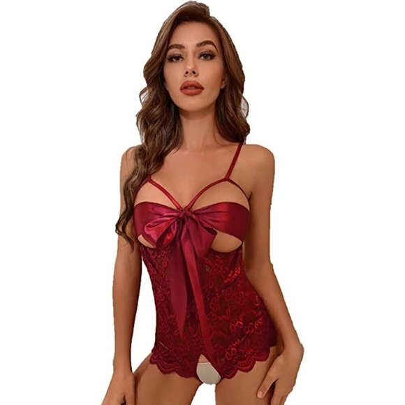 Front Bow Cover Red Teddy Lingerie One Piece Floral Lace Bodysuit Babydoll NWT - Picture 1 of 9